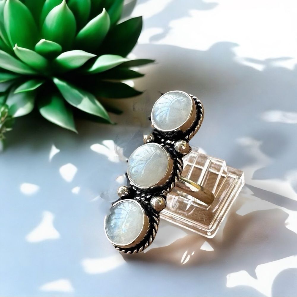 925 Sterling Silver and Triple Natural Rainbow Moonstone Ring - Picture 6 of 13